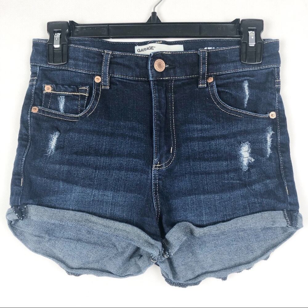 Garage Distressed Stretch Denim High Rise Dark Wash Shorts